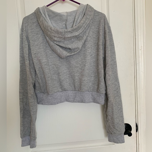 Milanpavilion Zip Up Cropped Grey Drawstring Hoodie Jacket Casual Long Sleeve - Picture 5 of 15